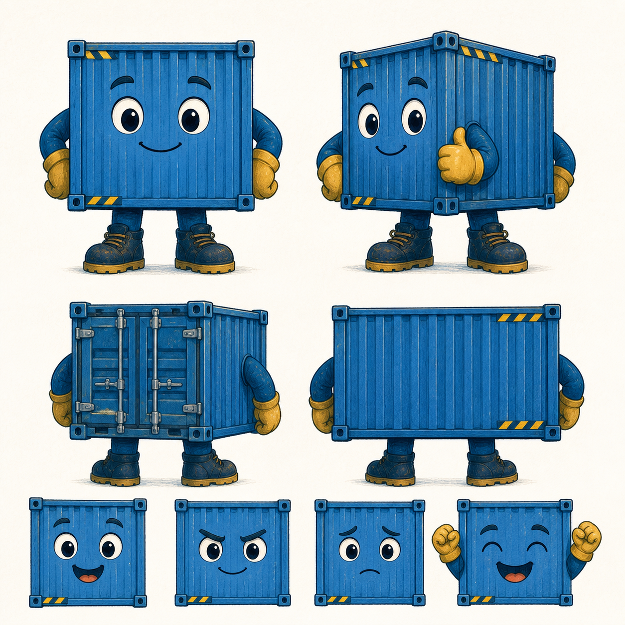 Chuck the Container character model sheet showing his friendly blue container design and expressions