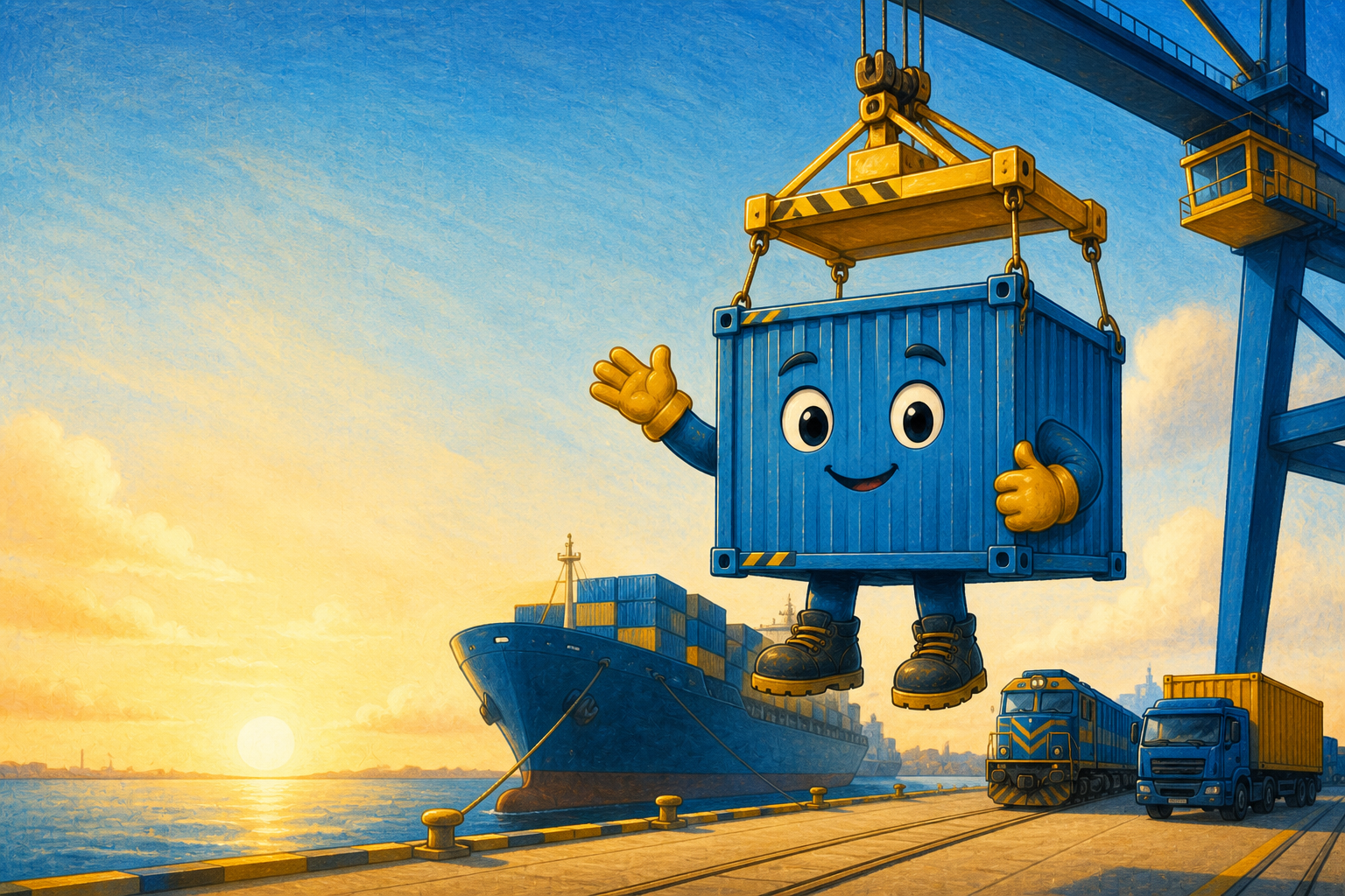 Chuck the Container beginning his harbor adventure at sunrise